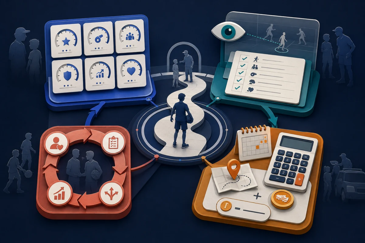 A four-part parent decision system connects trainer fit, session observation, total cost, and a 30-day progress review around a young athlete