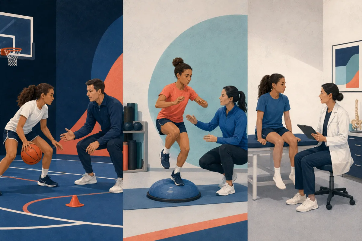 Three connected scenes distinguish sport-skill coaching, physical preparation, and healthcare evaluation